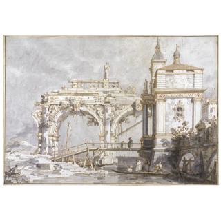 Giovanni Antonio Canal - An Architectural Capriccio With A Pavilion And A Ruined Arcade On The Water\'S Edge