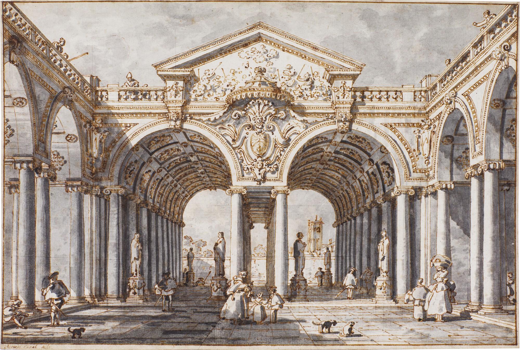 Giovanni Antonio Canal - Capriccio: a courtyard with a double-arched portico surmounted by an elaborate pediment