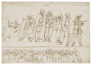 Giovanni Antonio Canal - Five Characters From The Commedia Dell\'Arte On Stage, Watched From Below By A Standing Audience