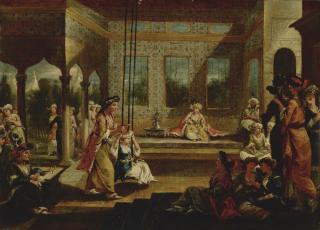 Giovanni Antonio Guardi - A Harem Scene With Soldiers Smoking And Odalisques Relaxing And Playing On A Swing In An Interior Courtyard