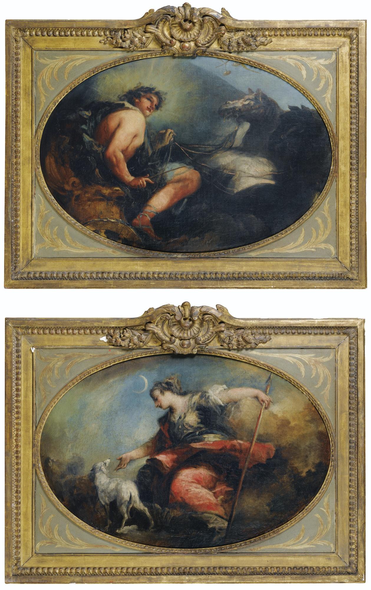 Giovanni Antonio Guardi - Apollon ; Dianegiovanni Antonio Guardi ; Diana, Apollo ; Oil On Canvas, Oval, A Pair