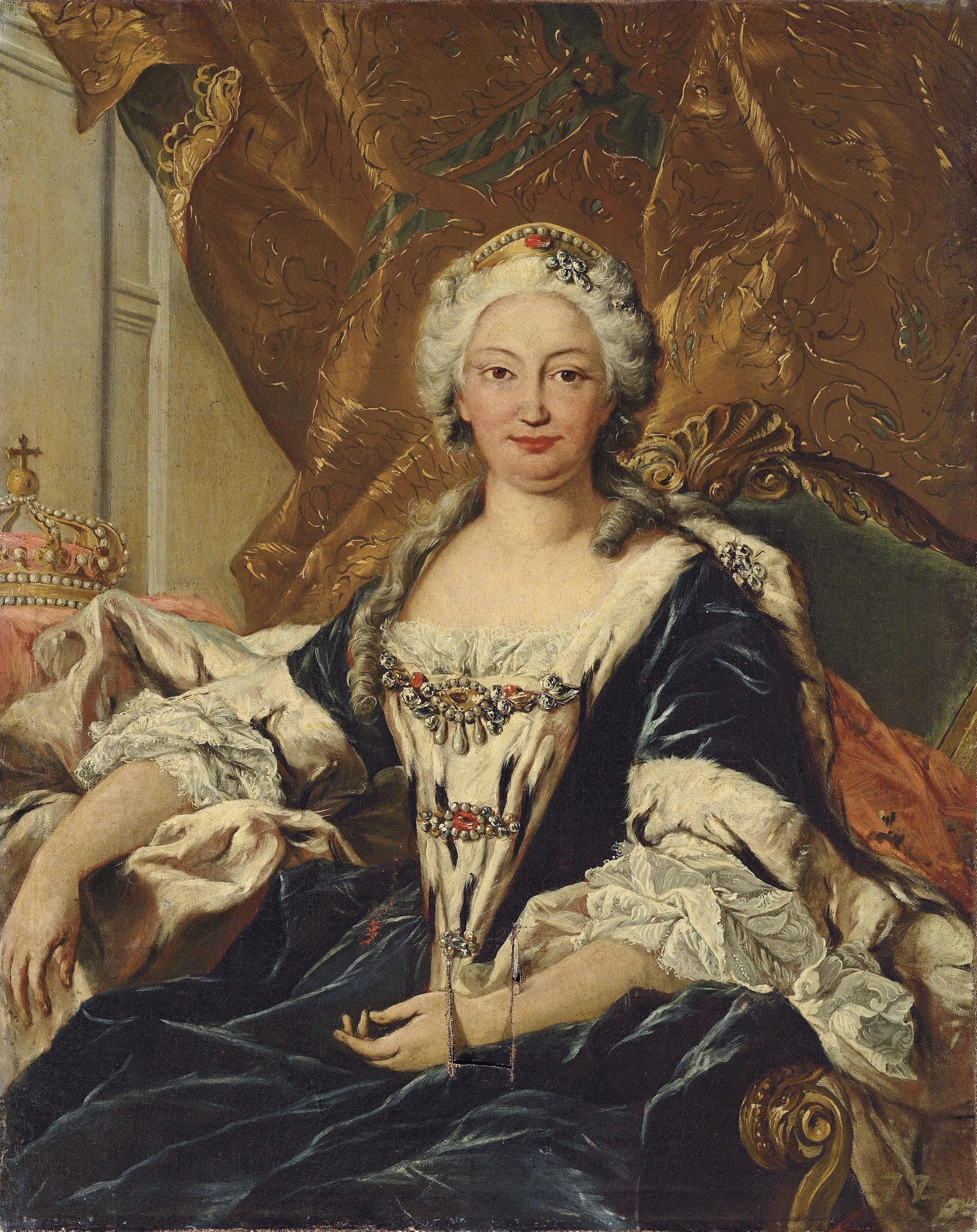 Giovanni Antonio Guardi - Portrait of Elisabetta Farnese, Queen of Spain, Seated Three-Quarter-Length, In An Ermine-Lined Cloak, With A Crown Beside Her, In A Draped Interior
