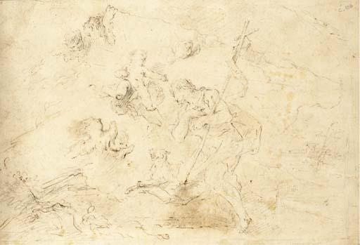 Giovanni Antonio Guardi - Saint Jean-Baptiste tenant une croix avec un agneau et entouré de putti (recto); Des études de putti (verso)