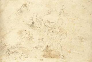 Giovanni Antonio Guardi - Saint Jean-Baptiste tenant une croix avec un agneau et entouré de putti (recto); Des études de putti (verso)