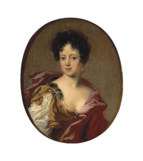 Giovanni Antonio Pellegrini - Portrait of a woman, half-length, in a yellow dress and red wrap, with pearl earrings