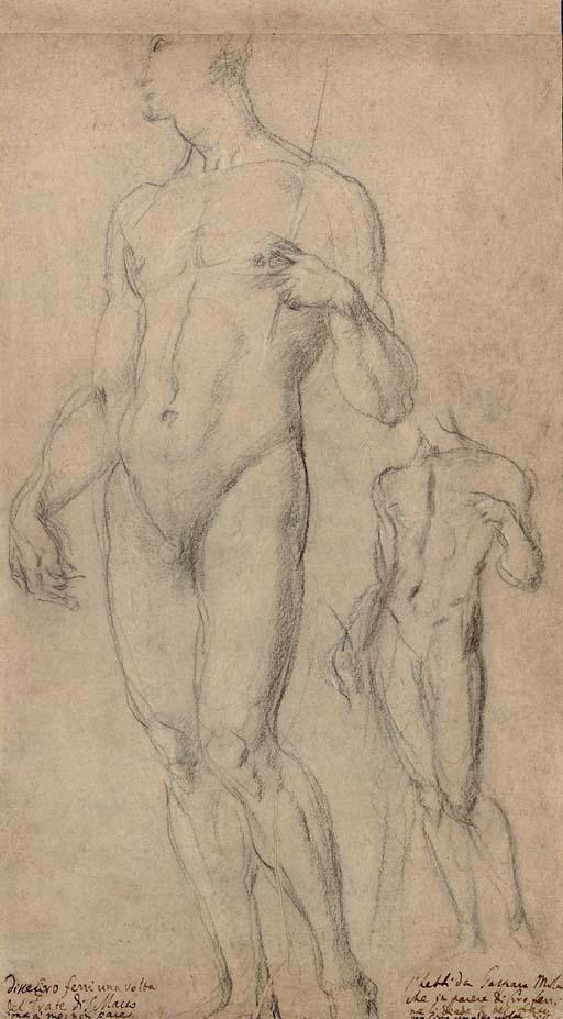 Giovanni Antonio Sogliani - Homme nu tenant un bâton dans sa main gauche et étude subsidiaire du même personnage (recto); Quatre enfants nus vus jusqu\'aux épaules (verso)