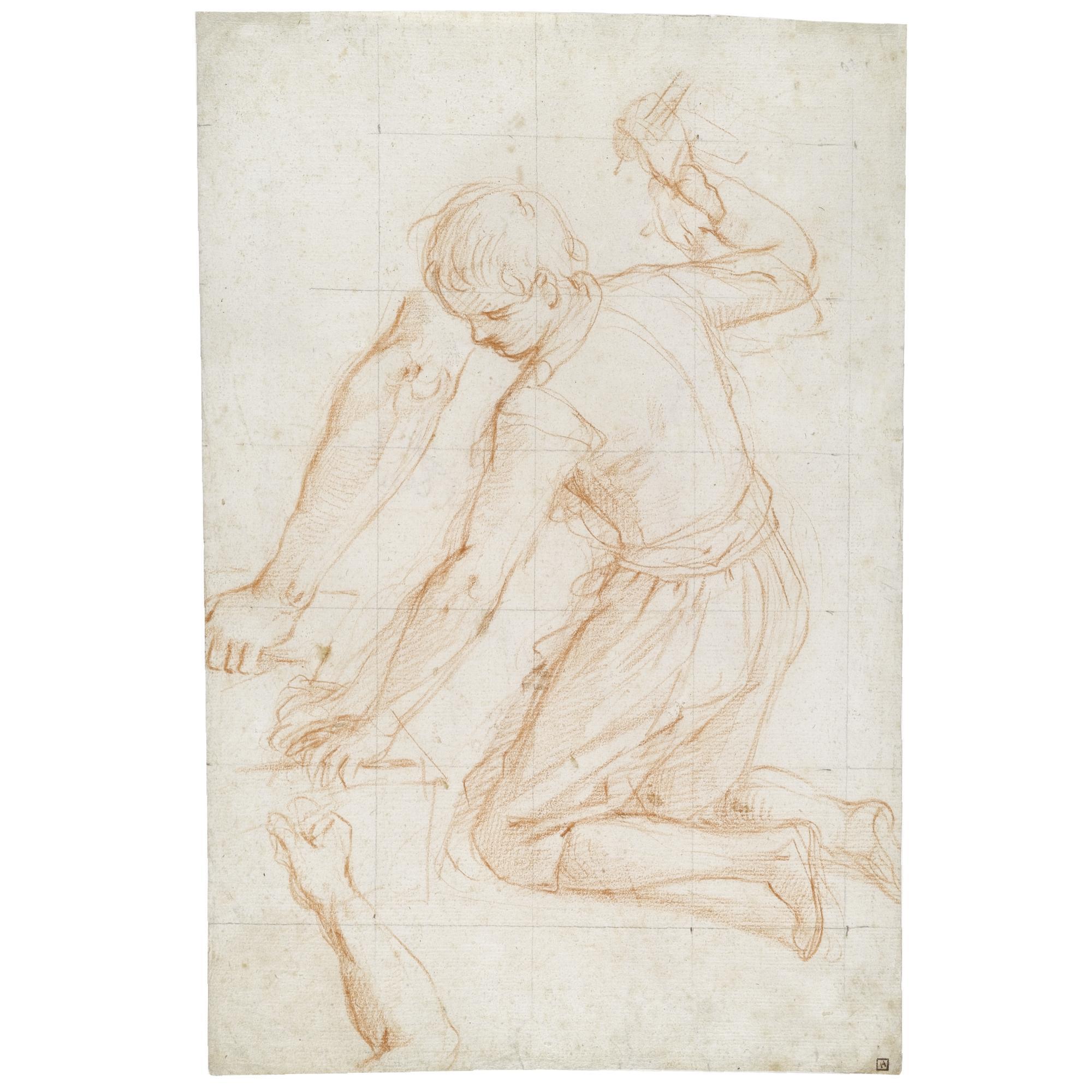 Giovanni Balducci - Recto: Study Of A Kneeling Young Man, Raising A Hammer In His Left Hand, With Subsidiary Studies Of His Right And Left Arms; Verso: Study Of A Standing Youth, Holding A Stick