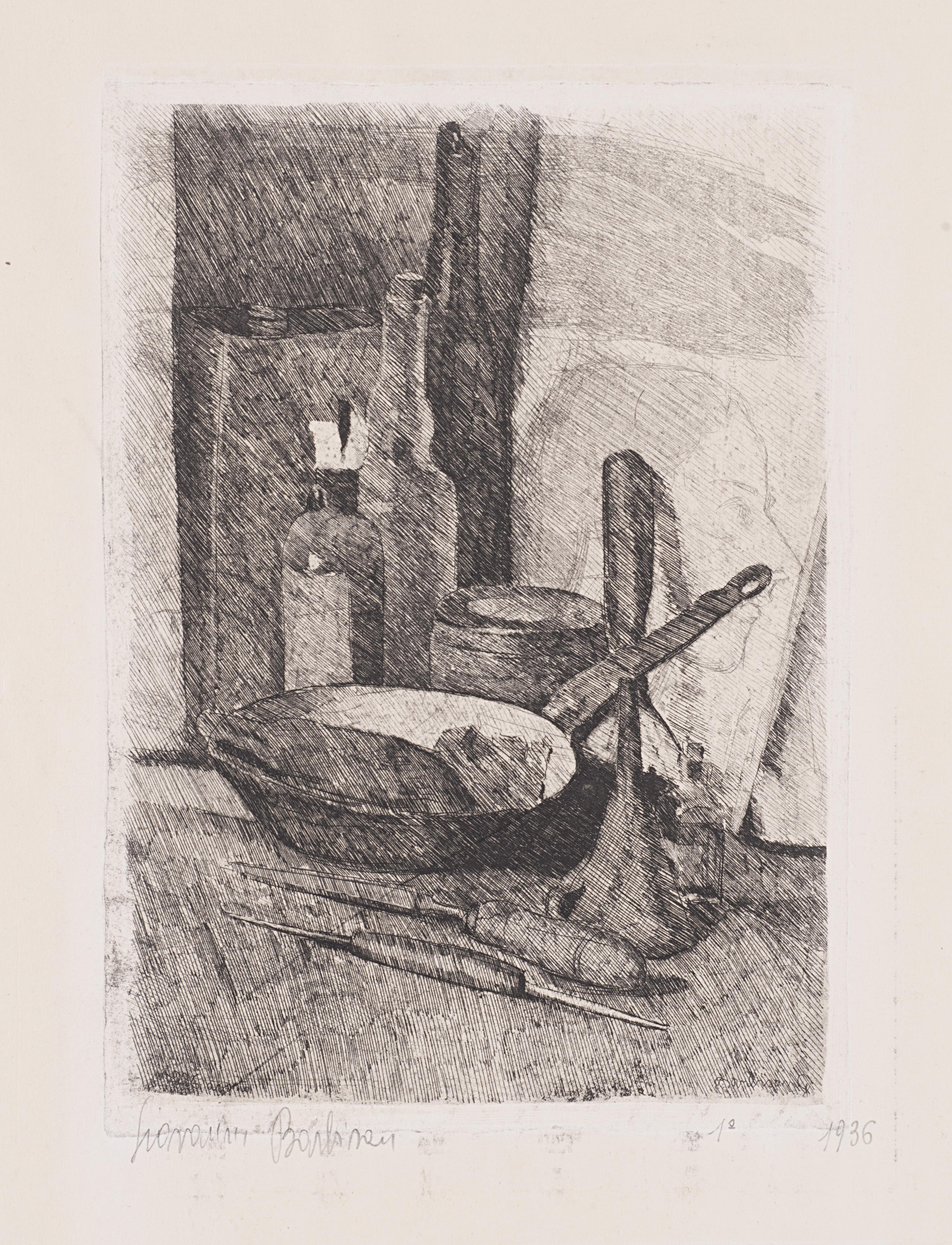 Giovanni Barbisan - Composizione con padella, bottiglia e strumenti