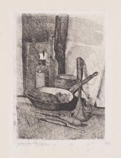 Giovanni Barbisan - Composizione con padella, bottiglia e strumenti