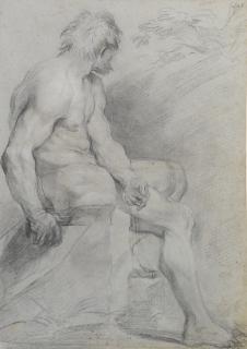 Giovanni Battista Beinaschi - Bearded Male Nude Seated, His Body In Profile And His Head Turned Over His Left Shoulder