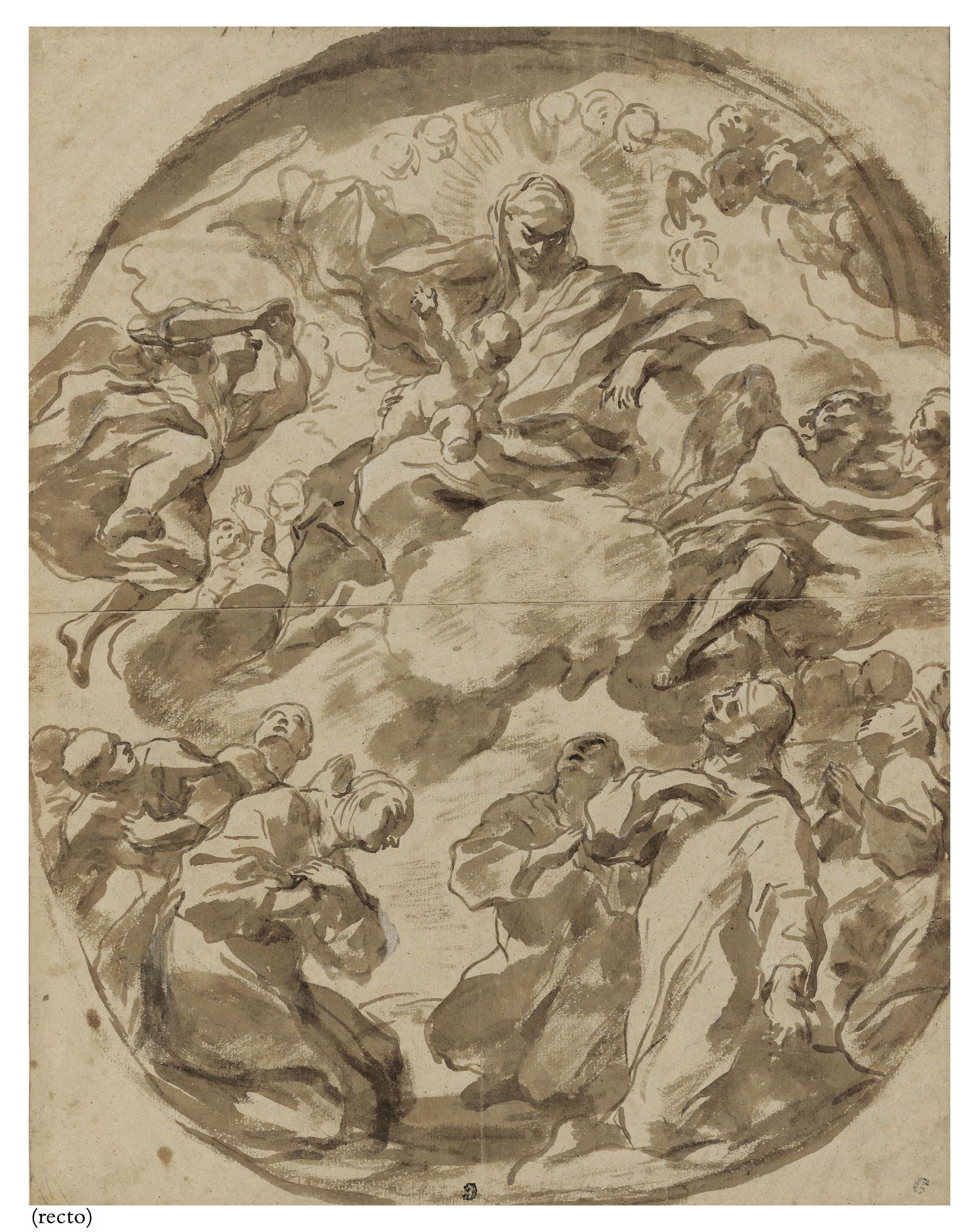 Giovanni Battista Beinaschi - The Madonna in Glory (recto ); Studies of heads and drapery (verso )