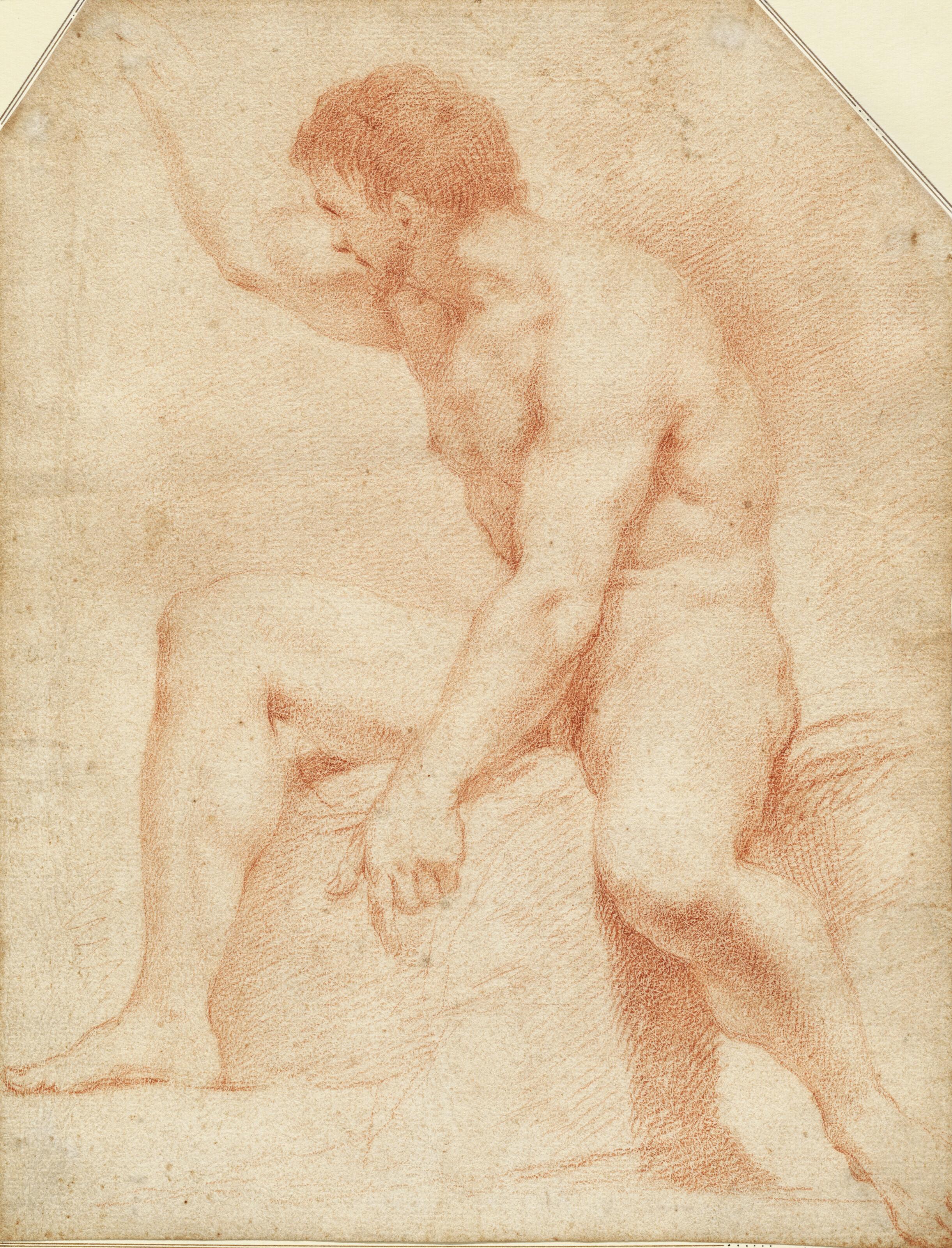 Giovanni Battista Bettini Giambettino Cignaroli - Study of a male nude, seated (recto); Study of a pair of legs, seen from behind (verso)