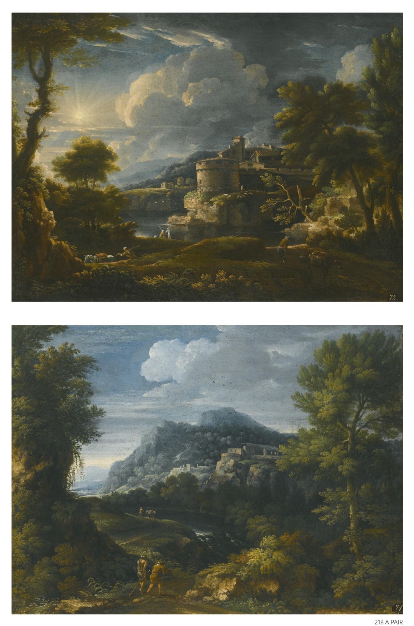 Giovanni Battista Busiri - A Classical Landscape With Travellers And A Hilltop Town Beyond; A Classical Landscape With A River And A Cylindrical Tower Beyond