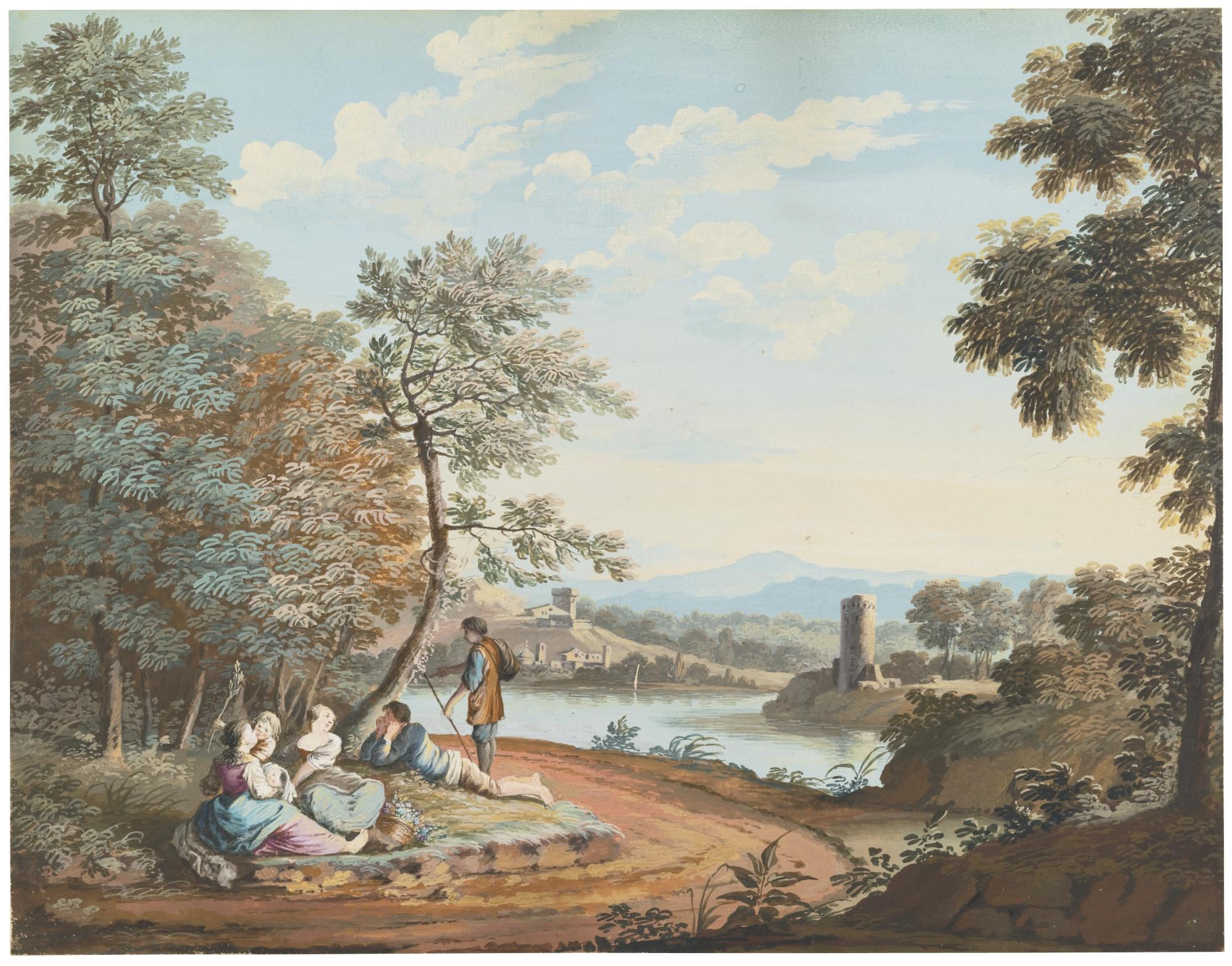 Giovanni Battista Busiri - A Landscape With Figures Resting By A River, A Tower To The Right And Buildings In The Background