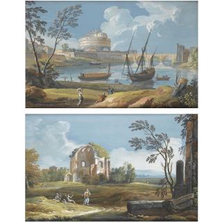 Giovanni Battista Busiri - A Pair Of Roman Views: The Tiber With Castel Sant\'Angelo And Ponte Degli Angeli With Boats And Figures; The Temple Of Minerva Medica And Figures