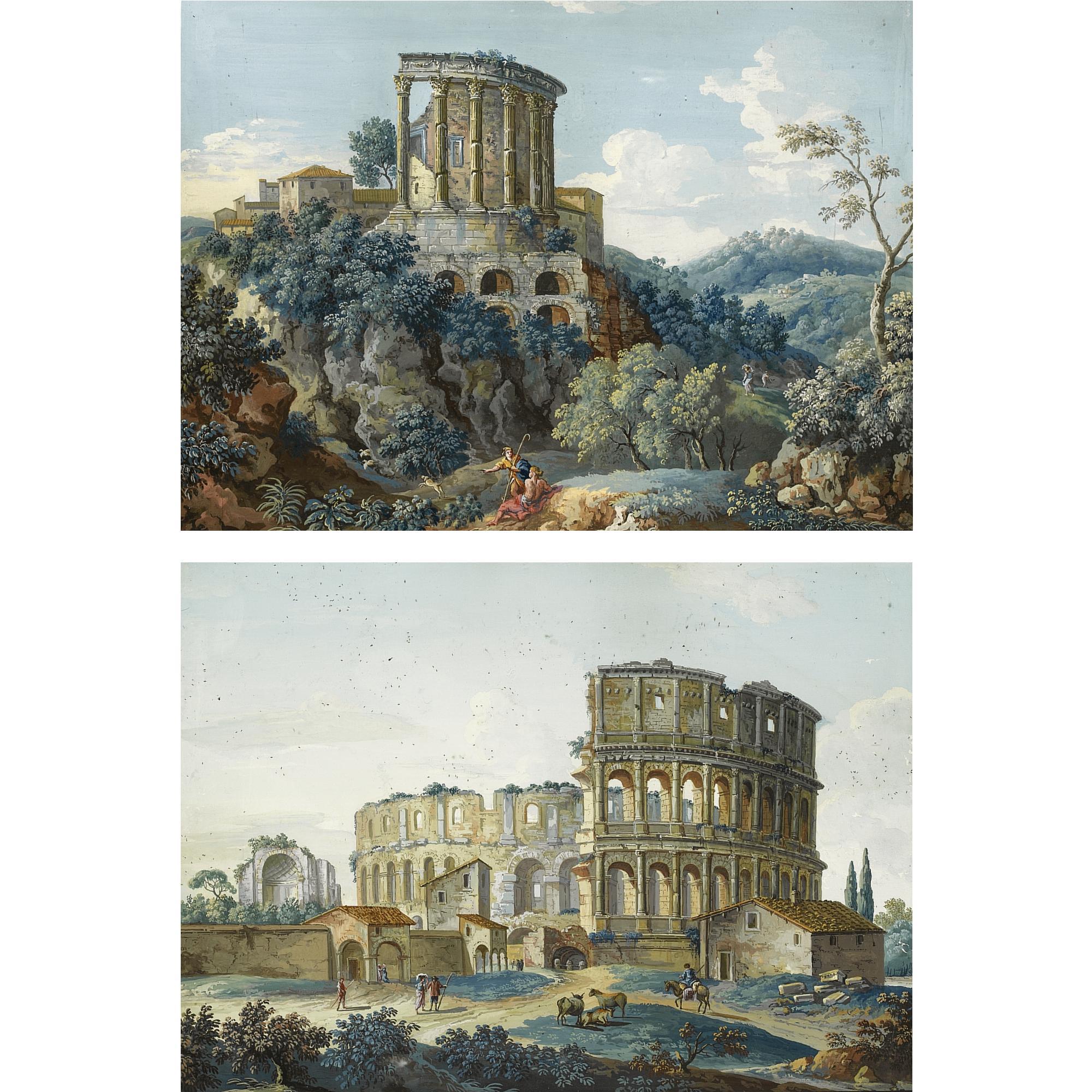 Giovanni Battista Busiri - A Pair Of Views: The Colosseum And The Temple Of Vesta, Tivoli