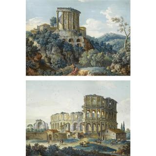 Giovanni Battista Busiri - A Pair Of Views: The Colosseum And The Temple Of Vesta, Tivoli