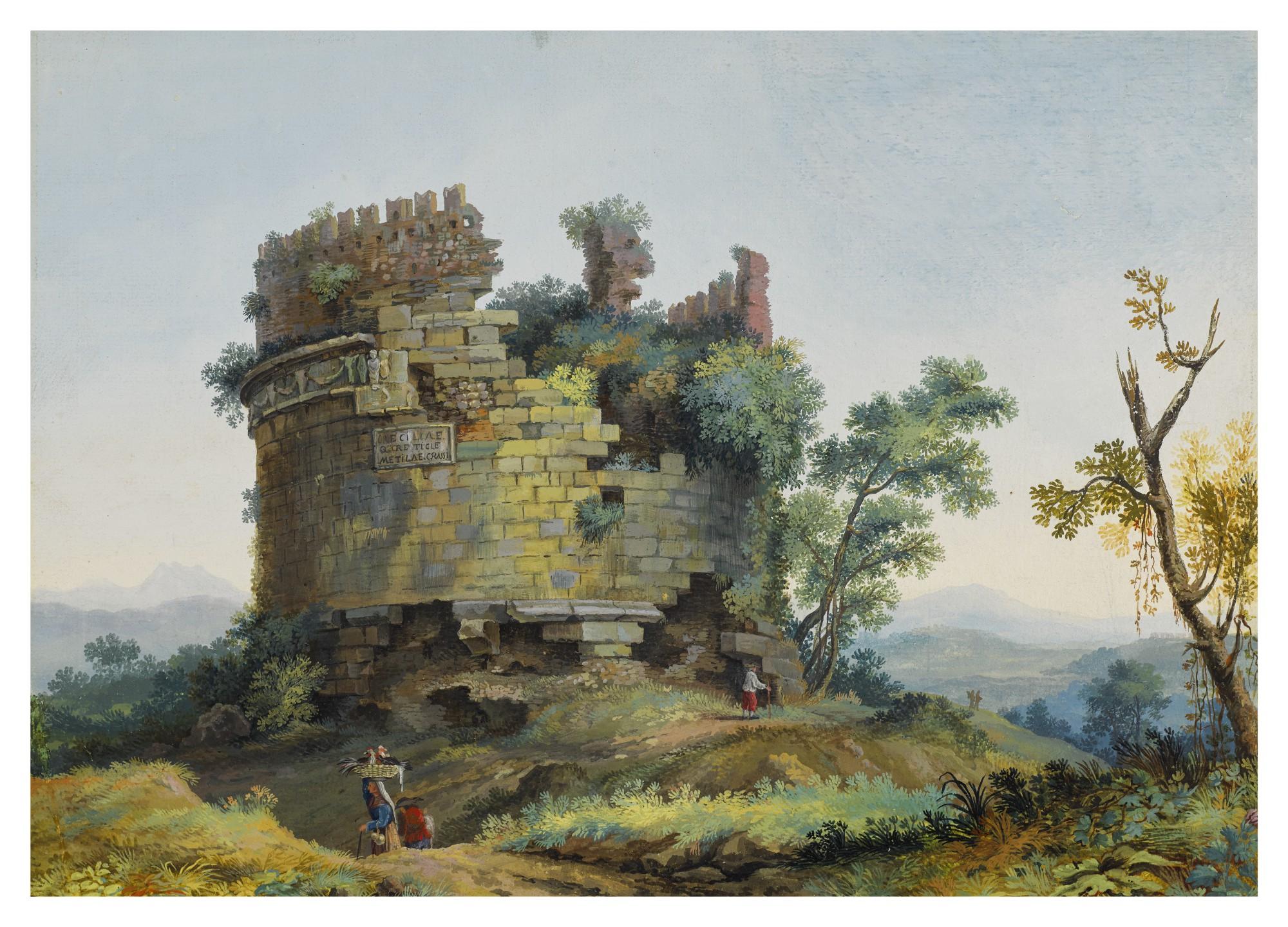 Giovanni Battista Busiri - Recto: Landscape with figures at the Tomb of Cecilia Metella Verso: Study of Corinthian Columns