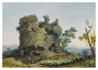 Giovanni Battista Busiri - Recto: Landscape with figures at the Tomb of Cecilia Metella Verso: Study of Corinthian Columns