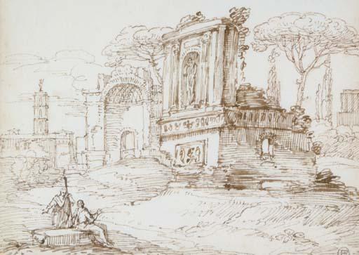 Giovanni Battista Busiri - Roman ruins with figures resting in the foreground