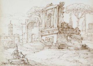 Giovanni Battista Busiri - Roman ruins with figures resting in the foreground