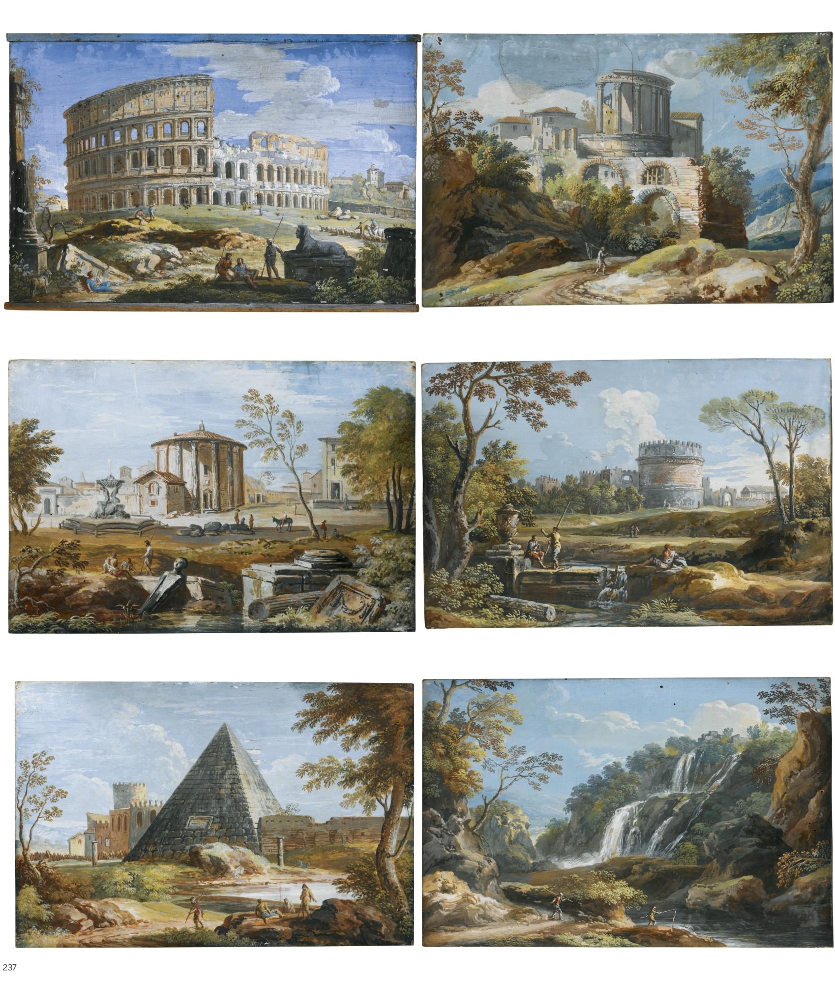 Giovanni Battista Busiri - Six Roman Views: The Colosseum; The Temple Of Vesta At Tivoli; The Waterfalls At Tivoli; The Pyramid Of Caius Cestius; The Temple Of Vesta In Rome; The Tomb Of Caecilia Metella