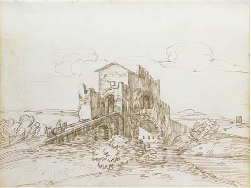 Giovanni Battista Busiri - The Pincian Hill, Rome; The Ponte Namalo: a bridge in the Roman Campagna; The Ponte Pamentano: a bridge with a toll collector\'s house; and The Basilica of San Sebastiano on the Appian Way