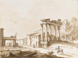 Giovanni Battista Busiri - The Temple of Concord, Rome; An extensive rocky landscape with a distant hermitage; The Arch of Janus with San Giorgio in Velabro beyond; and An extensive rocky landscape with figures by a lake