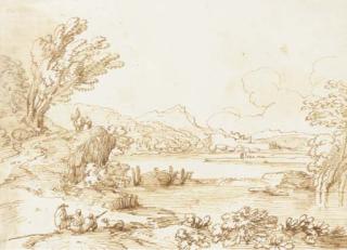 Giovanni Battista Busiri - Un paysage de montagne avec une rivière, des personnages au premier plan