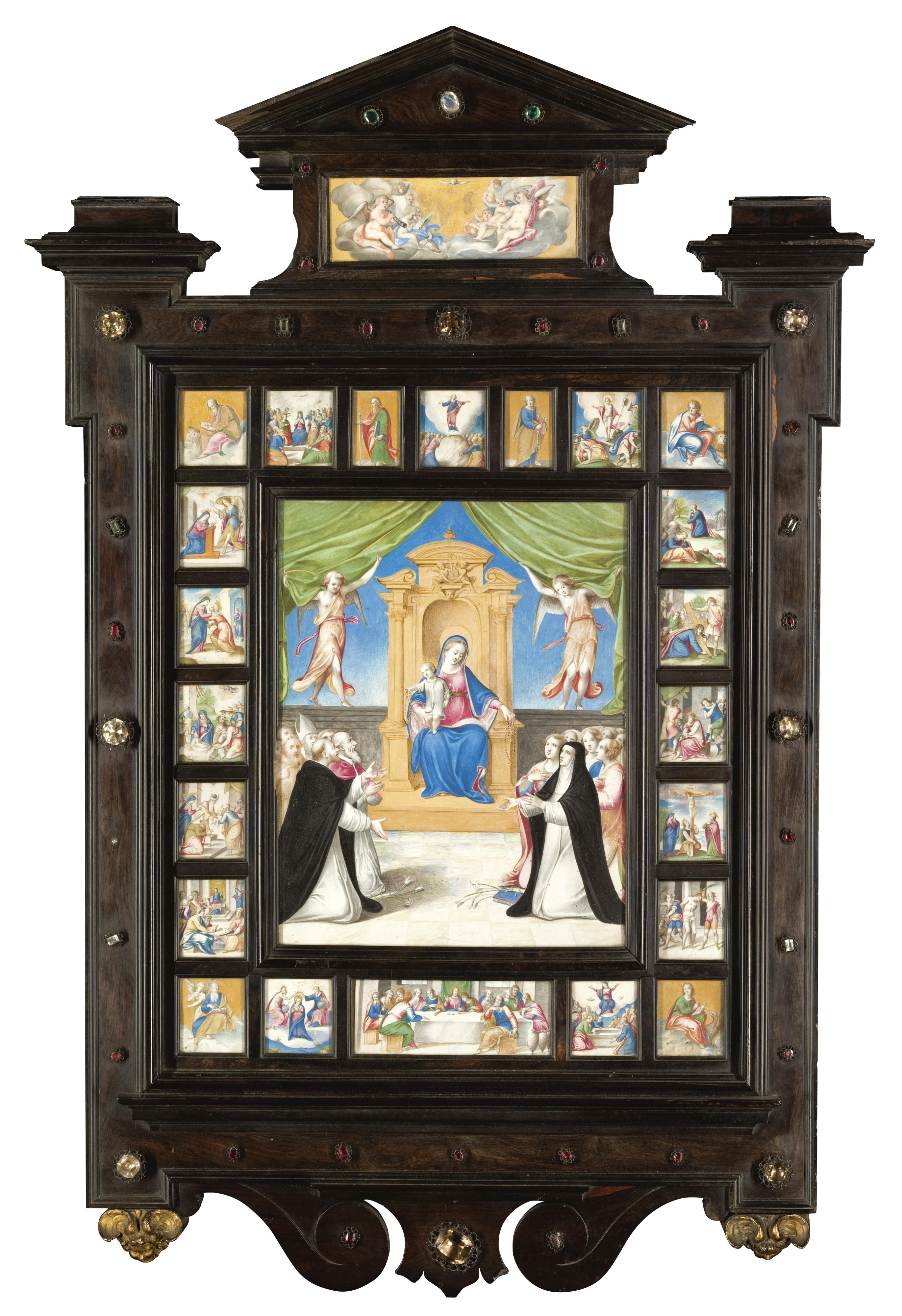 Giovanni Battista Castello - A Portable Altarpiece, With The Virgin And Child Enthroned, Flanked By Two Angels, Pope Pius V And Various Saints In Adoration; The Central Image Surrounded By Twenty Three Smaller Scenes