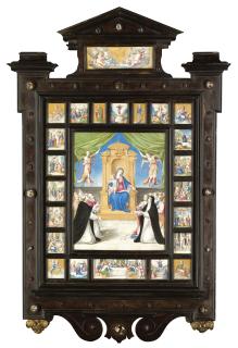 Giovanni Battista Castello - A Portable Altarpiece, With The Virgin And Child Enthroned, Flanked By Two Angels, Pope Pius V And Various Saints In Adoration; The Central Image Surrounded By Twenty Three Smaller Scenes