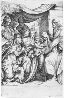 Giovanni Battista Cavalieri - Madonna mit Kind unter einem Baldachin, umringt von Heiligen.