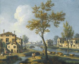 Giovanni Battista Cimaroli - A Landscape At The Outskirts Of A Town With A Peasant Driving His Cattle Along A River Bank