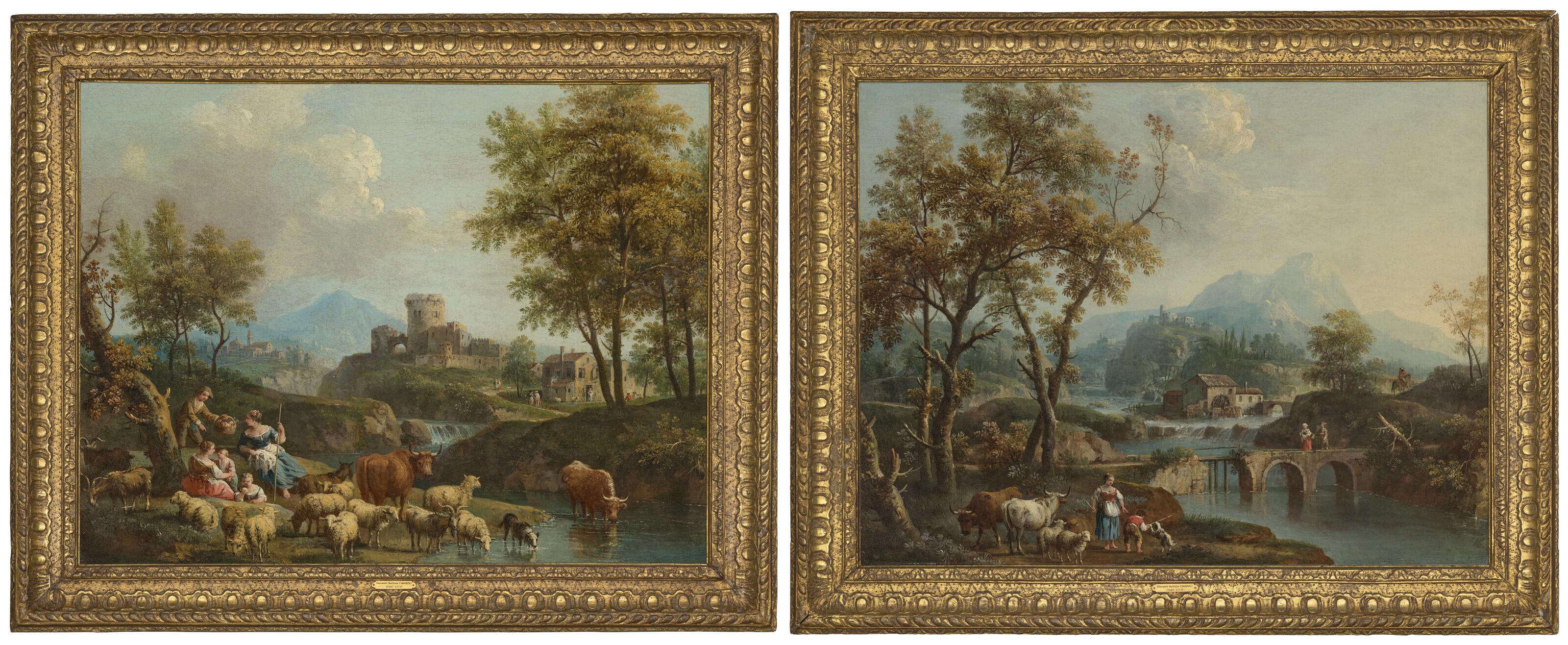 Giovanni Battista Cimaroli - An Italianate lake landscape with travellers crossing a bridge, a lakeside town beyond; and An Italianate river landscape with drovers and cattle on a track, a village beyond