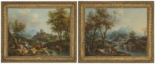 Giovanni Battista Cimaroli - An Italianate lake landscape with travellers crossing a bridge, a lakeside town beyond; and An Italianate river landscape with drovers and cattle on a track, a village beyond