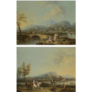 Giovanni Battista Cimaroli - An Italianate Landscape With Elegant Figures On Horseback, Before A Riverside Town; An Italianate Landscape With Horsemen Crossing A Bridge, A Lady And A Gentleman With Their Dogs In The Foreground