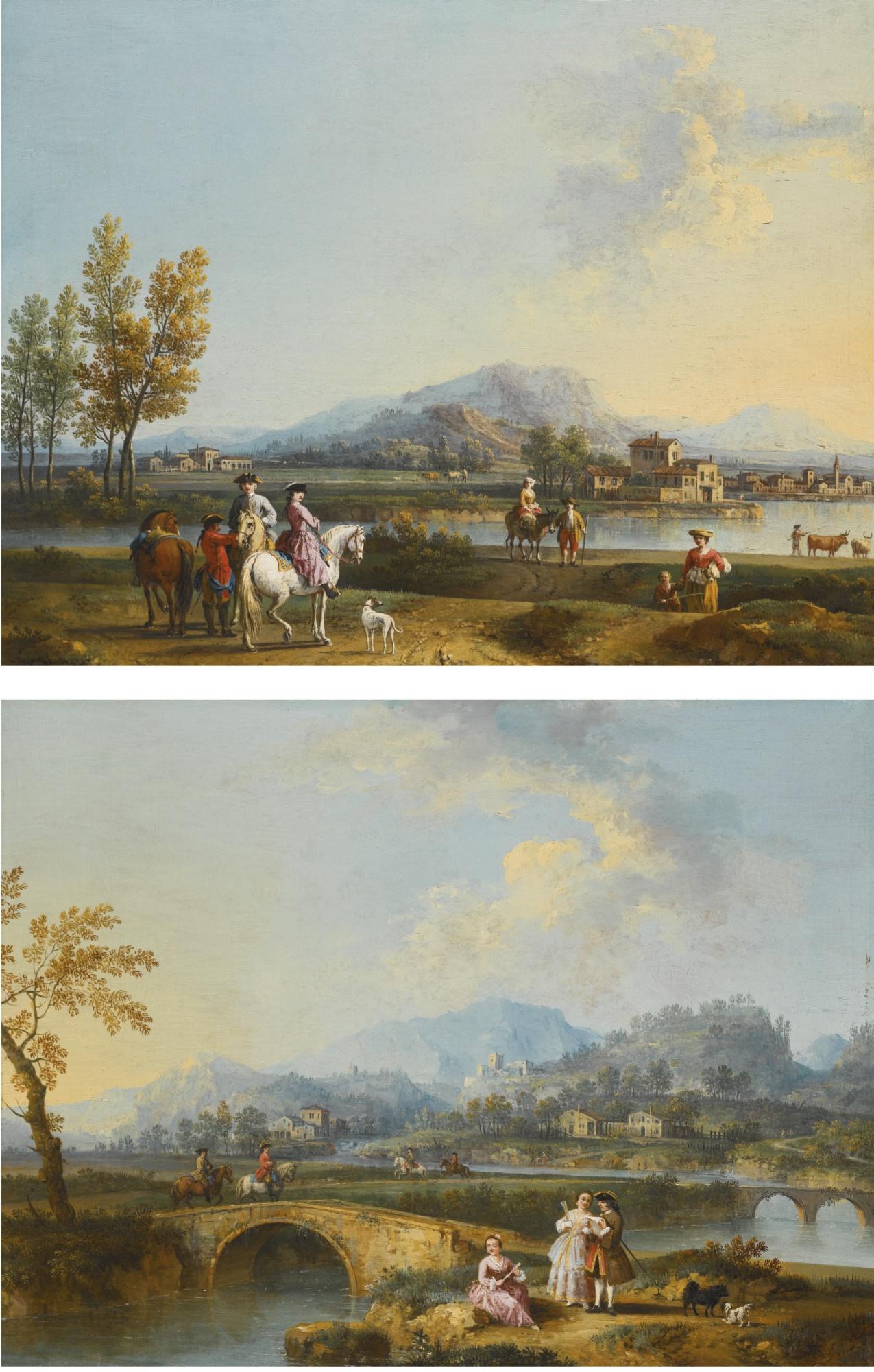 Giovanni Battista Cimaroli - An Italianate Landscape With Elegant Figures On Horseback, Before A Riverside Town; An Italianate Landscape With Horsemen Crossing A Bridge, A Lady And Gentleman In The Foreground