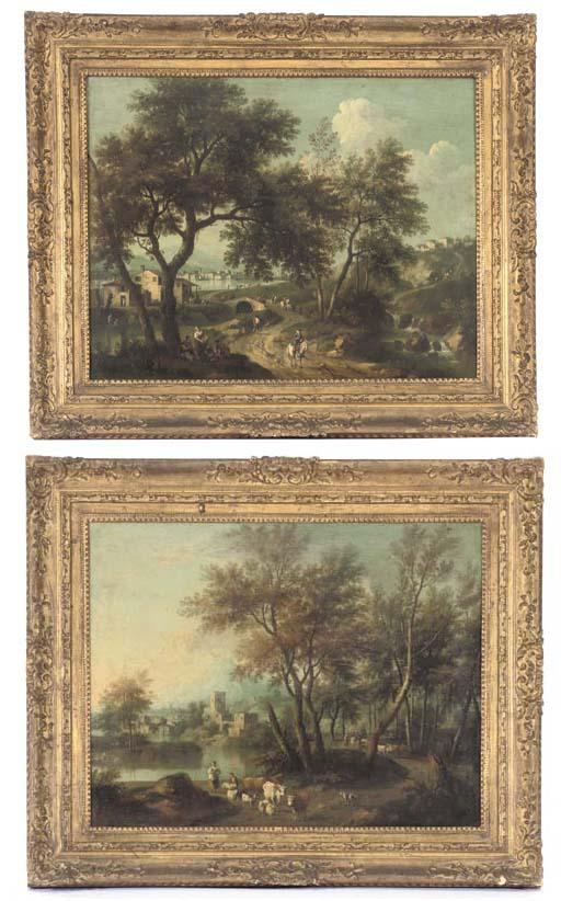 Giovanni Battista Cimaroli - An Italianate river landscape with herdsmen on a path, a town beyond; and An Italianate river landscape with travellers on a path, a town beyond