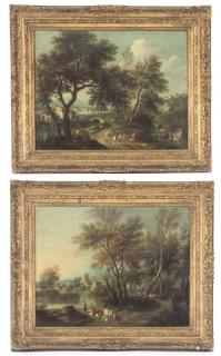 Giovanni Battista Cimaroli - An Italianate river landscape with herdsmen on a path, a town beyond; and An Italianate river landscape with travellers on a path, a town beyond