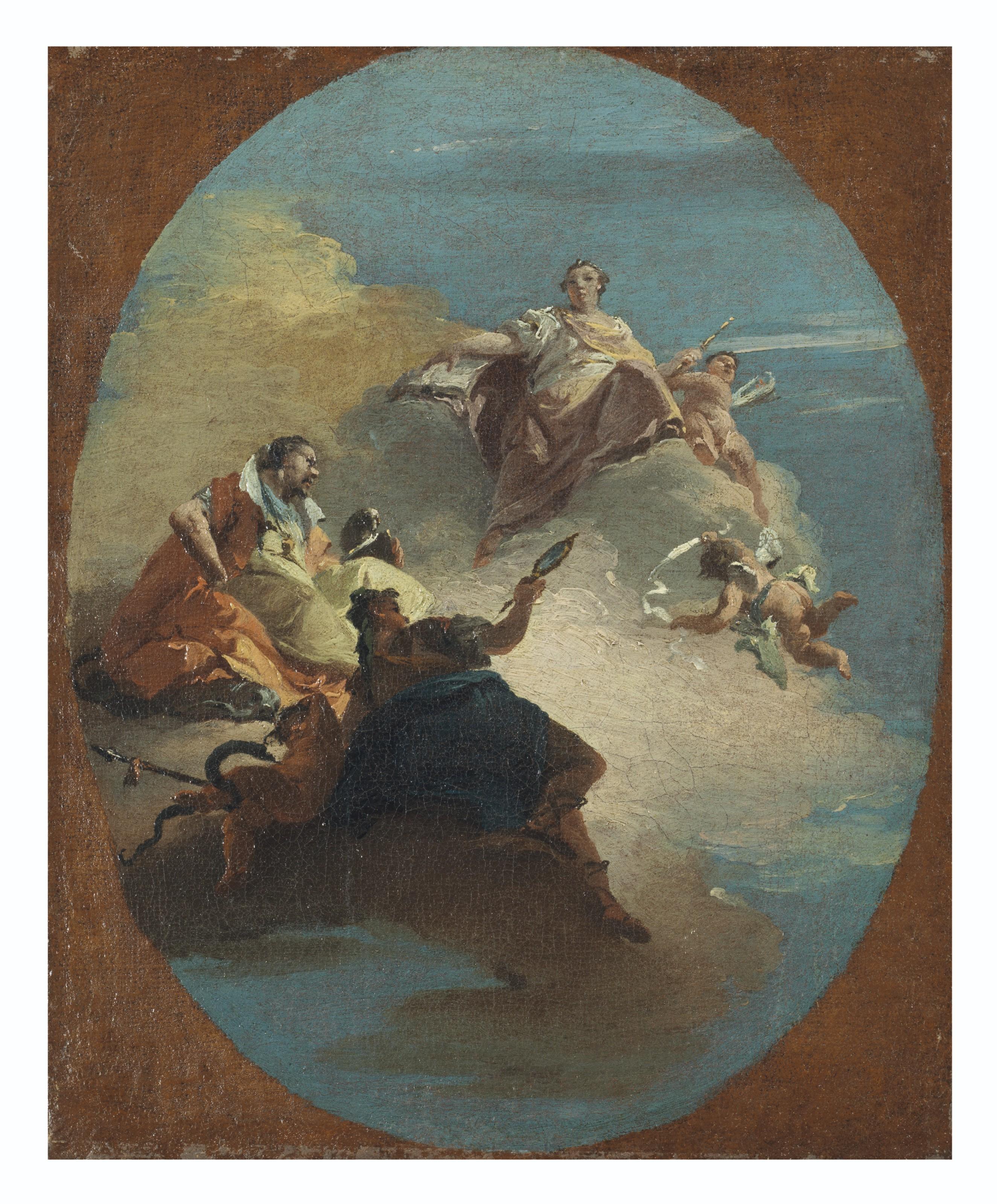 Giovanni Battista Crosato - Allegorical figures amongst clouds - a bozzetto for a ceiling decoration, in a painted oval