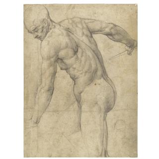 Giovanni Battista Franco - A Male Nude Holding A Dagger, With A Subsidiary Sketch Of A Woman And Child At The Right Corner