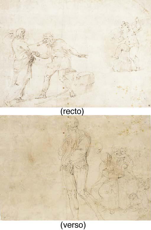 Giovanni Battista Franco - A sheet of studies with Christ healing the Blind Man and a putto playing with a kite (recto); Studies for a Drunkenness of Noah and a Holy Family with Saint Anne and the Infant Baptist (verso)
