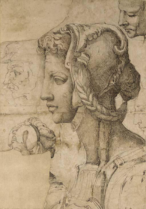 Giovanni Battista Franco - An ideal female head in profile to the left, after Michelangelo, with other head studies