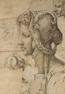 Giovanni Battista Franco - An ideal female head in profile to the left, after Michelangelo, with other head studies