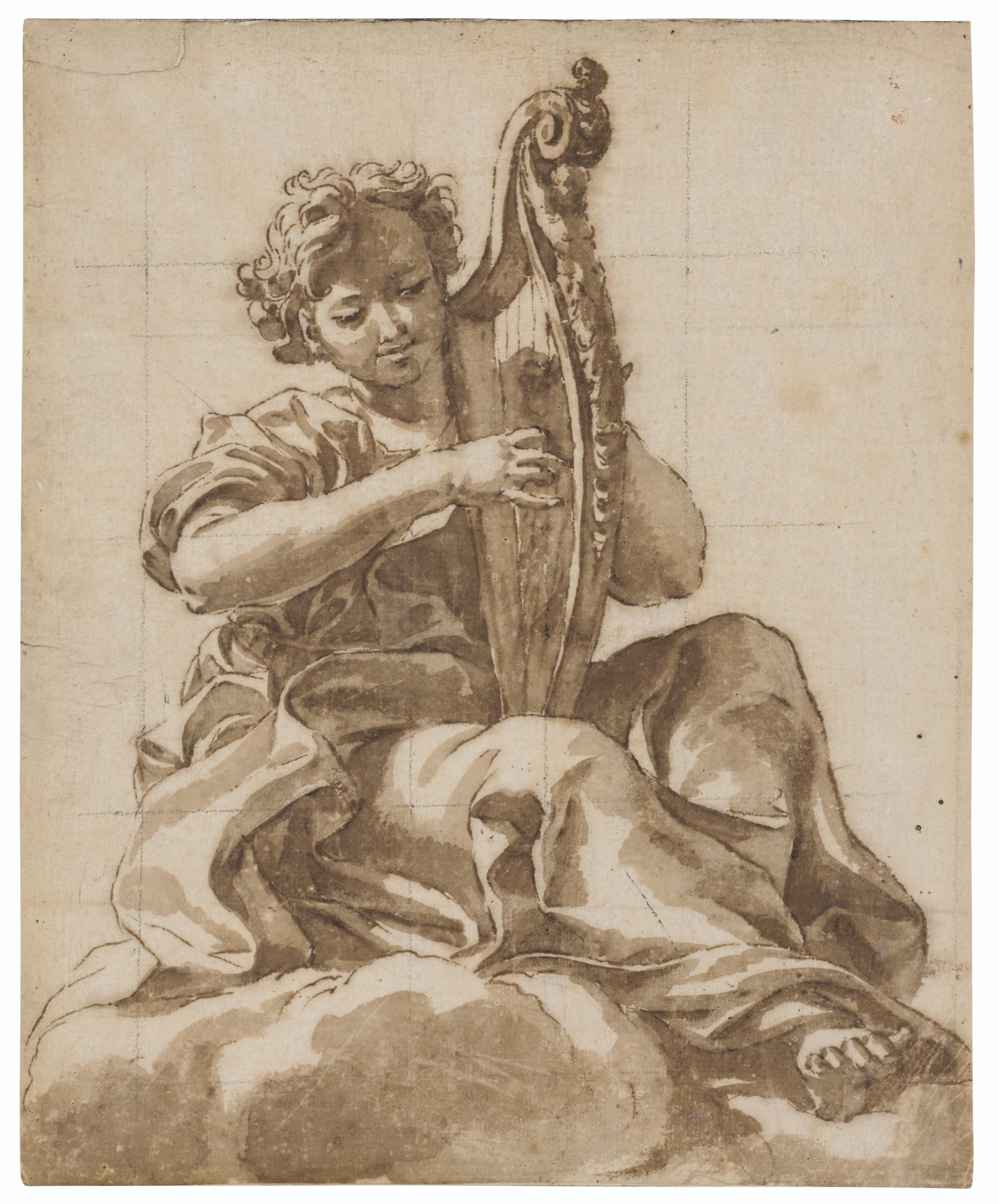 Giovanni Battista Gaulli, Called Il Baciccio - An angel seated on a cloud, playing a harp