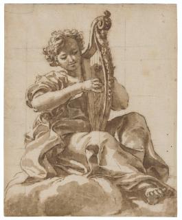 Giovanni Battista Gaulli, Called Il Baciccio - An angel seated on a cloud, playing a harp