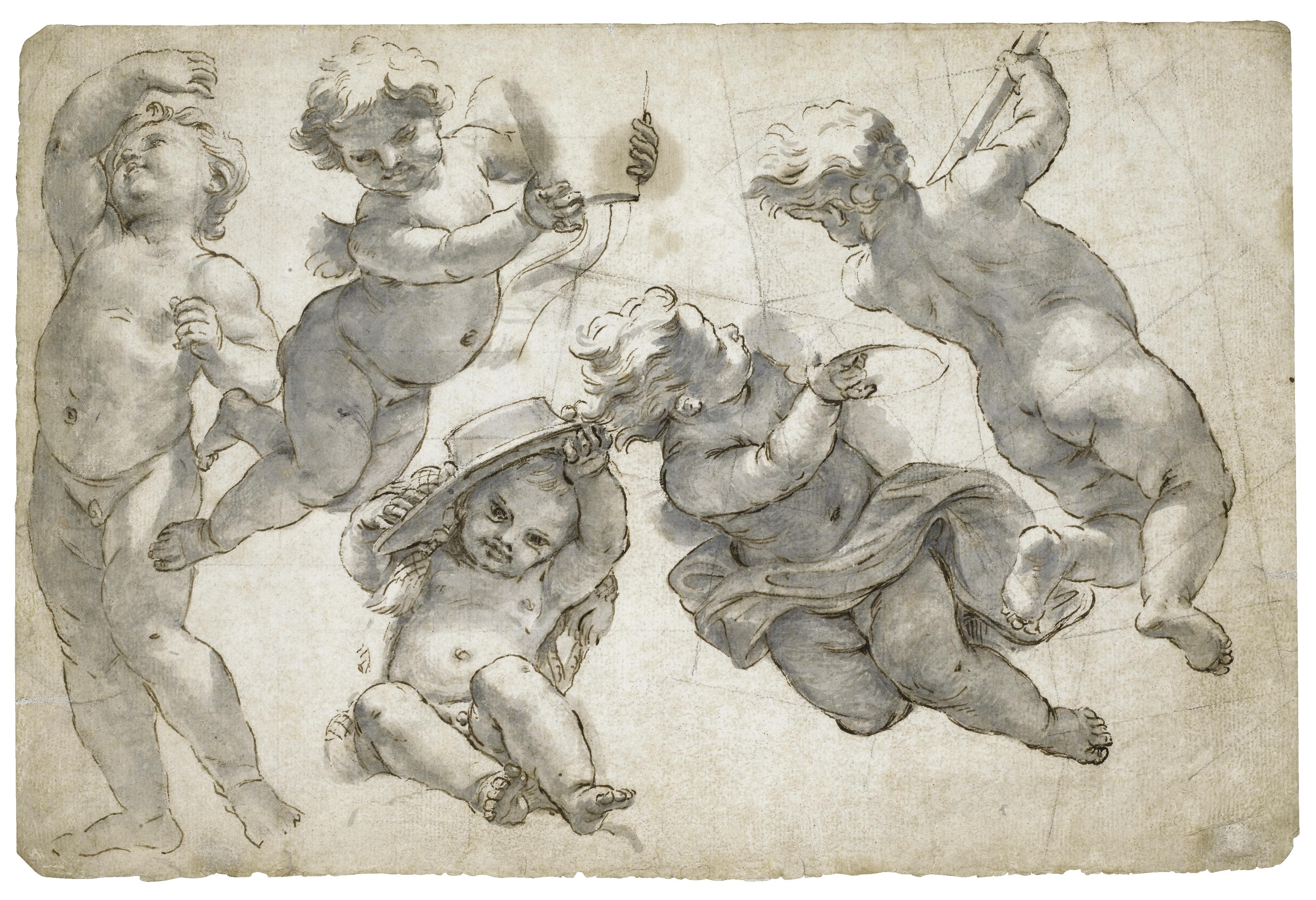 Giovanni Battista Gaulli - Five Putti, Bearing Ecclesiastical Attributes