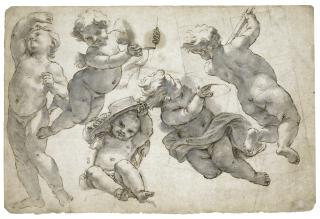 Giovanni Battista Gaulli - Five Putti, Bearing Ecclesiastical Attributes