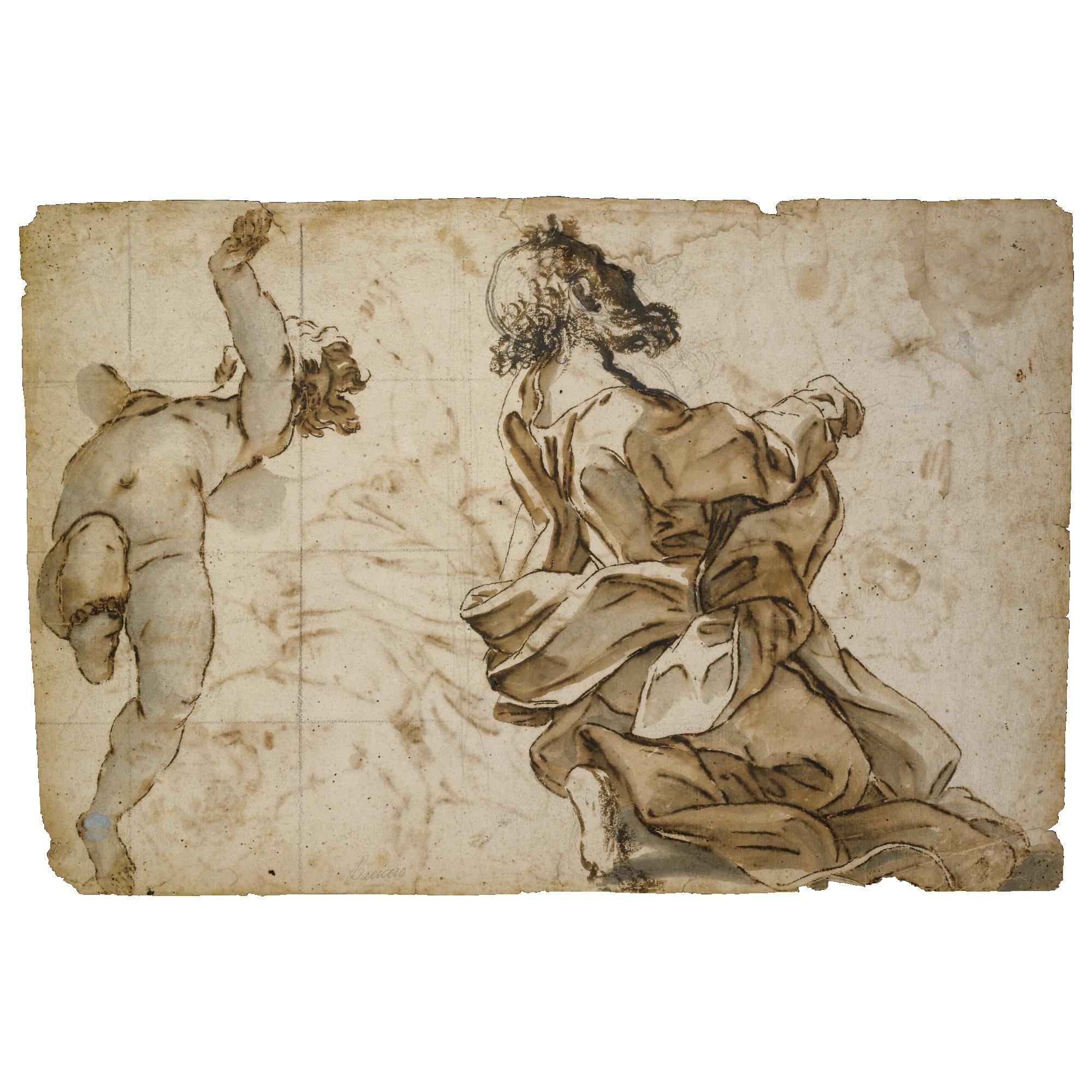 Giovanni Battista Gaulli - Recto: A Kneeling Bearded Man And A Putto With Arms Raised; Verso: Three Putti In Flight Below A Cloud