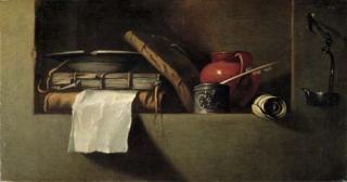 Giovanni Battista Langetti - Books, a plate, an earthenware pitcher, an ink well and quill in a niche with an oil lamp on the wall nearby